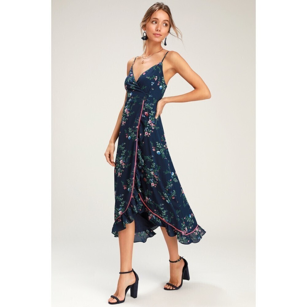 Lulus Darling Date Navy Blue Pink Floral Print Ruffled Wrap Midi Dress Medium